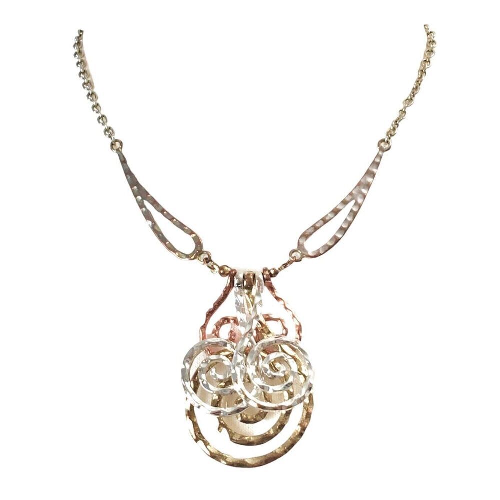 Hammered Metal Necklace Gold Tone Swirl Pendant Silver Color Cable Chain